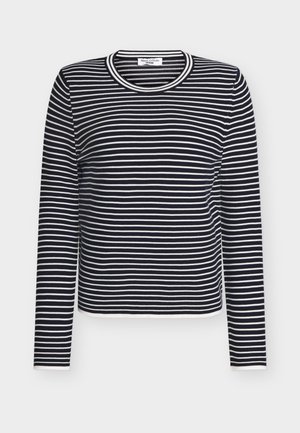 Langärmliges Oberteil in Marineblau und Weiß mit Streifen, mit rundem Ausschnitt und figurbetontem Schnitt. Hergestellt aus weichem, elastischem Stoff mit glatter Textur.
