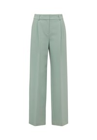 Hellgrüne Hosen mit weitem Bein, vorderen Falten, Gürtelschlaufen und verdecktem vorderen Verschluss, auf weißem Hintergrund präsentiert.