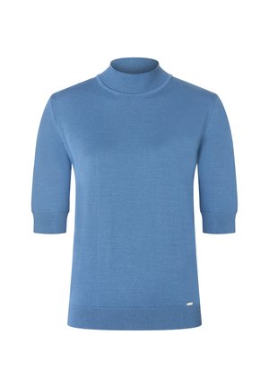 Hellblauer, kurzärmeliger Rollkragenpullover mit glatter Textur, gerippten Bündchen und geradem Saum. Verfügt über ein kleines Logo an der unteren Seite.