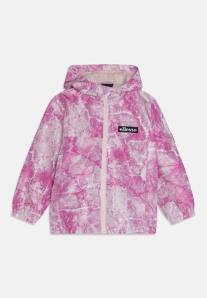 Veste à capuche marbrée rose et blanche avec fermeture éclair sur le devant et écusson logo "ellesse" sur la poitrine gauche, conçue pour une tenue décontractée.