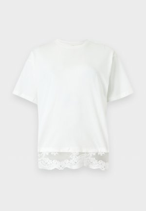 Λευκό κοντομάνικο μπλουζάκι με στρογγυλή λαιμόκοψη και διακοσμητική λευκή δαντέλα κατά μήκος του κάτω τελειώματος.