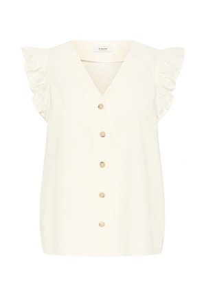 Kerma-valkoinen hihaton pusero, jossa on röyhelöiset liehukkeet liehukehihnoissa, V-kaula-aukko ja kuusi vaaleanruskeaa nappia edessä.