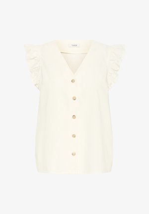 Crèmekleurige mouwloze blouse met geplooide kapmouwtjes, V-hals en een rij van zes lichtbruine knopen aan de voorkant.