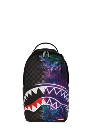 Zaino nero e stampato con design a bocca di squalo, foglie di palma colorate e tirazip in metallo.