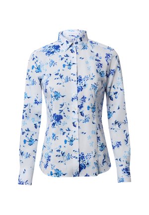 Biała koszula na długi rękaw z niebieskim kwiatowym wzorem i spiczastym kołnierzykiem, dopasowany krój oraz białe guziki z przodu.