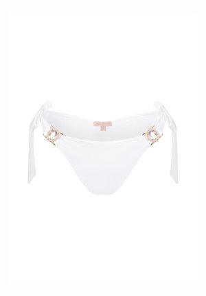 White bikini bottom with tie sides, featuring decorative hardware with a clear gem accent. Smooth, stretchy material with a simple design.
