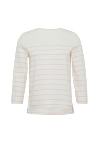Langsleeve top in crème met lichtroze horizontale strepen. Heeft een ronde halslijn en is gemaakt van zachte, gladde katoen.