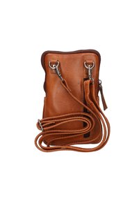 Borsa a tracolla in pelle marrone con un design strutturato, due clip in metallo argentato e una tracolla regolabile, caratterizzata da dettagli cuciti.