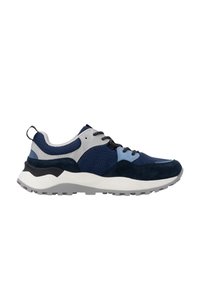 Marineblaue Sportschuhe aus Mesh- und Wildledermaterialien. Sie haben eine runde Spitze, graue Akzente, schwarze Schnürsenkel und eine strukturierte Gummisohle.