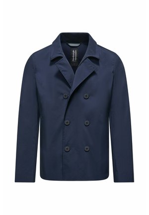 Granatowa, dwurzędowa męska marynarka z sześcioma czarnymi guzikami, kołnierzem z wycięciem i długimi rękawami, prezentowana na jednolitym białym tle.