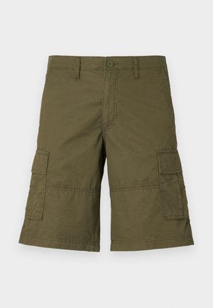 Olive green cargo shorts with a button closure, multiple side pockets, and stitched detailing. Made from durable fabric with a relaxed fit.