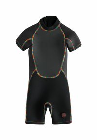 Shorty en néoprène noir avec des coutures multicolores à rayures, manches courtes et col rond ; présente un logo circulaire en bas.