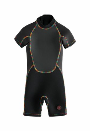 Korte wetsuit van zwart neopreen met kleurrijke meerkleurige stiksels, korte mouwen en een ronde hals; voorzien van een cirkelvormig logo op de onderkant.