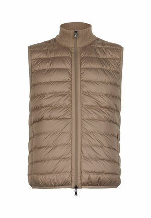 Brązowa kamizelka bez rękawów, pikowana w poziome pasy, ze stójką z prążkowanego materiału oraz zamkiem błyskawicznym z przodu z dwukierunkowym suwakiem.