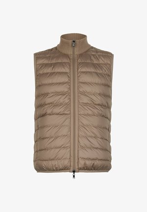 Brązowa kamizelka bez rękawów, pikowana w poziome pasy, ze stójką z prążkowanego materiału oraz zamkiem błyskawicznym z przodu z dwukierunkowym suwakiem.