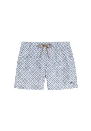 Bañador azul claro con estampado geométrico blanco, cintura con cordón marrón y pequeño logo en la pierna izquierda.