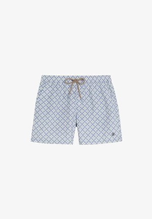 Bañador azul claro con estampado geométrico blanco, cintura con cordón marrón y pequeño logo en la pierna izquierda.