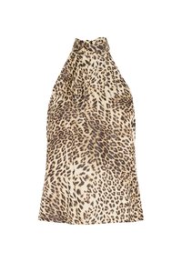 Halenka bez rukávů s halter krkem ze béžové látky s černým leopardím potiskem. Má vysoký výstřih a volný střih.