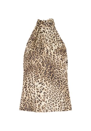 Bezsleeve halter top iedeguma krāsā ar melnu leoparda rakstu. Izceļas ar augstu apkakli un brīvu piegriezumu.
