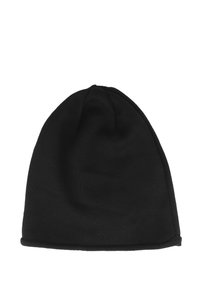 Beanie nera a maglia con una texture liscia e una parte superiore arrotondata, caratterizzata da un orlo piegato nella parte inferiore e senza loghi o decorazioni visibili.