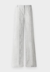 Light grey, wide-leg trousers made from a textured fabric with subtle vertical lines. Features a front zip closure and belt loops.