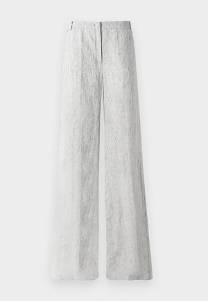 Light grey, wide-leg trousers made from a textured fabric with subtle vertical lines. Features a front zip closure and belt loops.