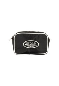 Pochette en nylon noire avec bord blanc et fermeture éclair, présentant un logo brodé "Von Dutch California" en évidence sur le devant.
