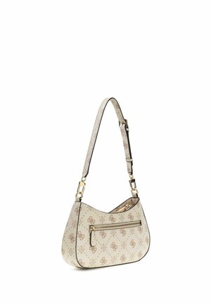 Sac à bandoulière couleur crème avec motif monogramme beige, poche frontale zippée, sangle réglable et ferrures dorées.