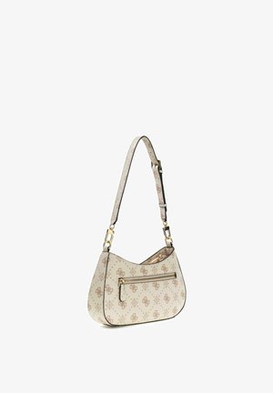 Sac à bandoulière couleur crème avec motif monogramme beige, poche frontale zippée, sangle réglable et ferrures dorées.