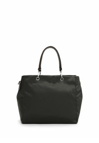 Velká tmavě zelená taška z nylonu s hnědým koženým držadlem a stříbrnými kovovými doplňky. Má strukturovaný tvar a hladkou texturu.