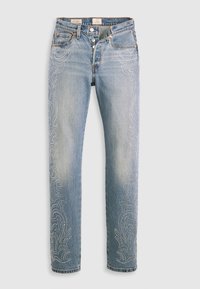 Jean en denim bleu clair à taille haute, jambe droite et motifs décoratifs de perles le long des coutures extérieures. Design à cinq poches et boutons.