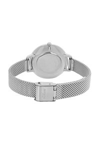 Silberner Edelstahlarmbanduhr mit einem Mesh-Armband, rundem Gehäuse, minimalistischem Rücken und einem Verschluss mit Klammer. Keine sichtbaren Markierungen auf der Rückseite.