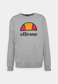 Sweat-shirt gris en tissu doux avec un grand logo multicolore à motif semi-circulaire en orange, rouge et bleu marine.