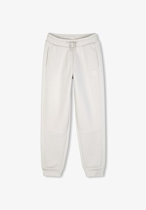 Lichtgrijze joggingbroek met elastische tailleband en trekkoord, zijzakken, gestikte kniëpanelen en boordjes bij de enkels.