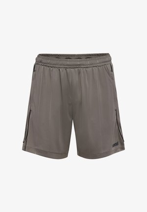 Grå atletikshorts med elastisk talje, sidelommer og diskrete lodrette striber, med en lille sort logo på venstre ben.