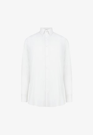 Biała, długi rękaw koszula z guzikami, wykonana z gładkiego materiału, z klasycznym kołnierzykiem i prostym krojem. Siedem guzików z przodu.