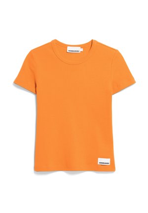 Orange short-sleeve t-shirt made of ribbed fabric. Features a crew neckline and a small white logo tag at the lower left side.