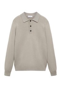 Light gray long-sleeve polo sweater made of textured knit fabric, featuring a collar, three black buttons, and ribbed hem and cuffs.