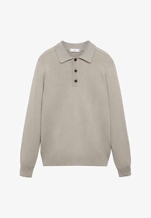 Pulover polo cu mânecă lungă de culoare gri deschis, confecționat dintr-un material tricotat texturat, având guler, trei butoane negre și tiv și manșete cu nervuri.