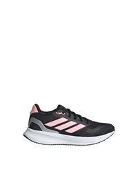 Baskets de sport noires avec des accents roses, tige en mesh texturé, design à trois bandes, semelle rembourrée et semelle en caoutchouc pour l'adhérence.