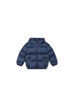 Donkerblauwe gewatteerde jas met capuchon, rits aan de voorkant, elastische manchetten en twee ritszakken, met een gestikte textuur en een puffy ontwerp.
