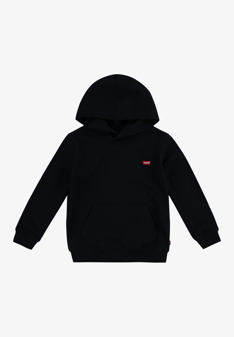 Black hoodie made of cotton, featuring a front pocket and ribbed cuffs. Includes a hood and a small red logo at the chest.