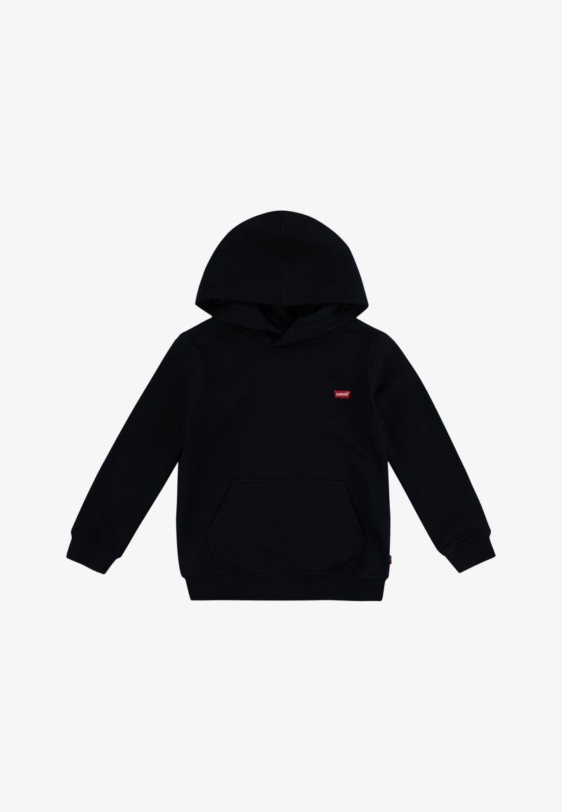 Black hoodie made of cotton, featuring a front pocket and ribbed cuffs. Includes a hood and a small red logo at the chest.