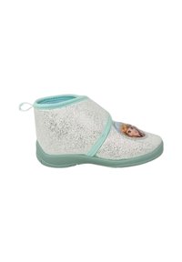 Stivale argento luccicante con accenti blu chiaro, caratterizzato da un design di personaggio sul davanti, una parte superiore testurizzata e suola in gomma.