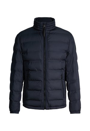 Granatowa pikowana kurtka z wysokim kołnierzem, przednim zamkiem błyskawicznym i zapinanymi na zamek bocznymi kieszeniami, zaprojektowana na zimną pogodę.