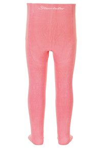 Pink tights made of soft, stretchy material with a smooth texture. Features a snug waistband and reinforced heel and toe areas.