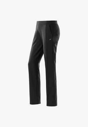 Schwarze Sportleggings aus dehnbarem Material, mit einem flachen Bund, Seitentaschen und dekorativen Nähten entlang der Beine.