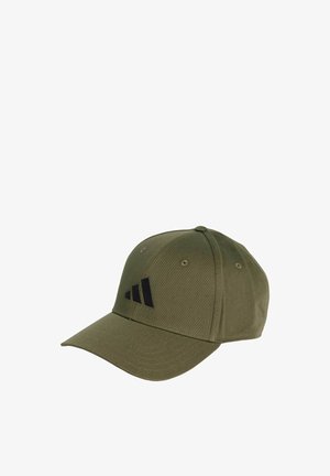 Olive green baseball cap made of fabric, featuring a curved visor and a black logo with three stripes on the front.