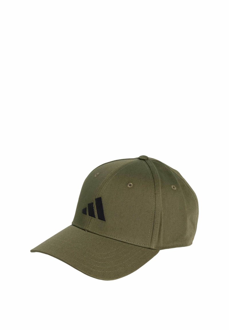 Olive green baseball cap made of fabric, featuring a curved visor and a black logo with three stripes on the front.