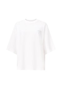 Biała, oversize'owa koszulka z miękkiej bawełny, z okrągłym dekoltem i krótkimi rękawami. Subtelny detal z logo z przodu.